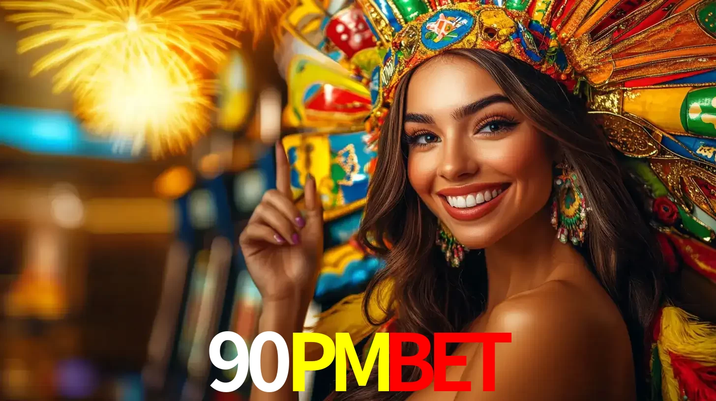 Mulher sorridente com um cocar de carnaval vibrante e colorido, celebrando uma grande vitória nos jogos do cassino 90PMBET com fogos de artifício ao fundo.