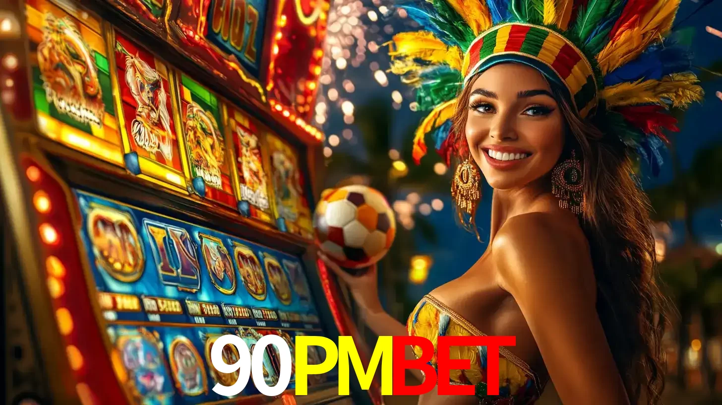 Mulher com um cocar de carnaval ao lado de uma máquina de caça-níqueis enquanto segura uma bola de futebol, mostrando a união da diversão de cassino e esportes no 90PMBET.