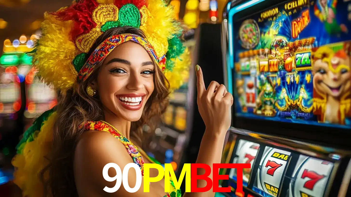 Mulher animada com um cocar de carnaval apontando para uma máquina de caça-níqueis, mostrando a emoção de ganhar um grande prêmio nos jogos do 90PMBET.