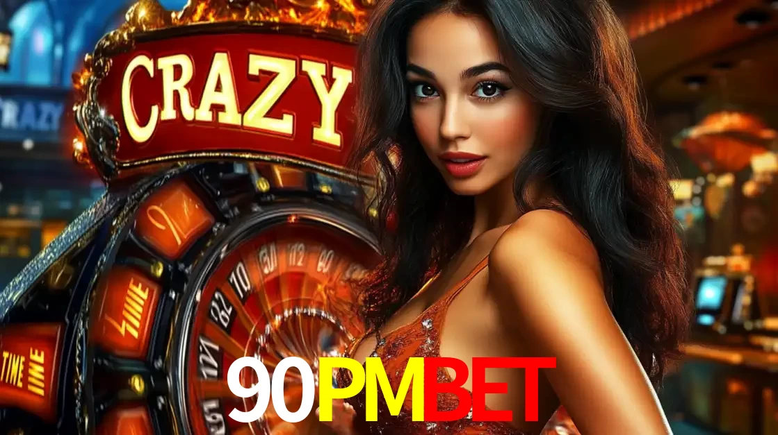 Mulher glamourosa olhando para a câmera com a roda vermelha do Crazy Time ao fundo em um ambiente de cassino, destacando a emoção dos jogos ao vivo no 90PMBET.