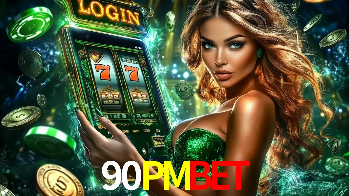 Mulher com tema verde apresentando o aplicativo do cassino 90PMBET com um jogo de slot de 777, cercada por fichas de cassino e uma aura de sorte.
