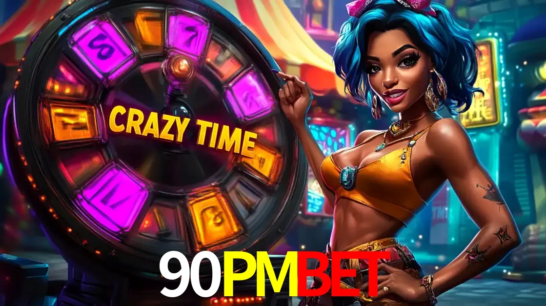 Mulher estilizada com cabelo azul e visual vibrante posando ao lado da roda de prêmios do game show Crazy Time, convidando para a diversão e os bônus do cassino 90PMBET.
