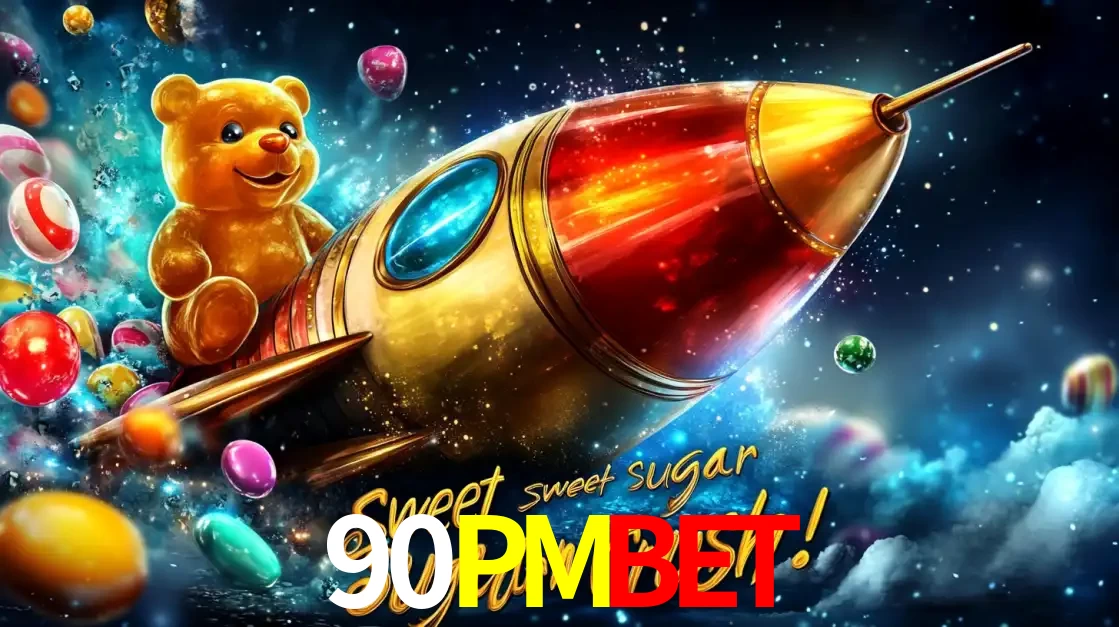 Arte promocional do jogo de slot Sugar Rush, com um urso de pelúcia em um foguete viajando pelo espaço de doces, um dos jogos divertidos disponíveis no cassino 90PMBET.