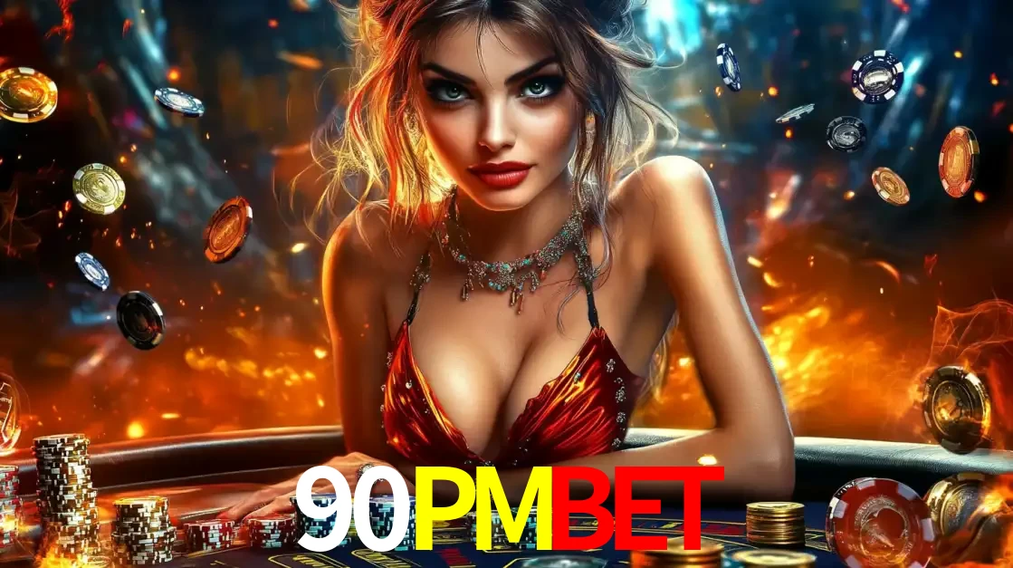Mulher em uma mesa de cassino com pilhas de fichas e um fundo de fogo, pronta para uma rodada de altas apostas nos jogos de mesa emocionantes do cassino 90PMBET.