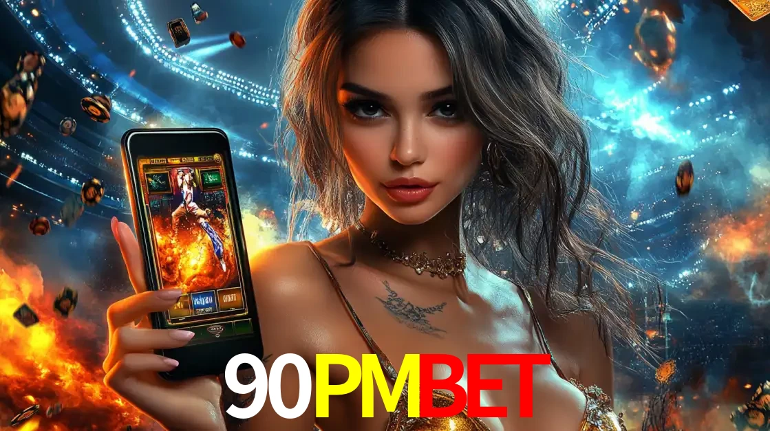 Mulher segurando um celular com um jogo de slot em destaque, tendo como fundo um estádio vibrante, simbolizando a emoção de jogar no cassino móvel 90PMBET.